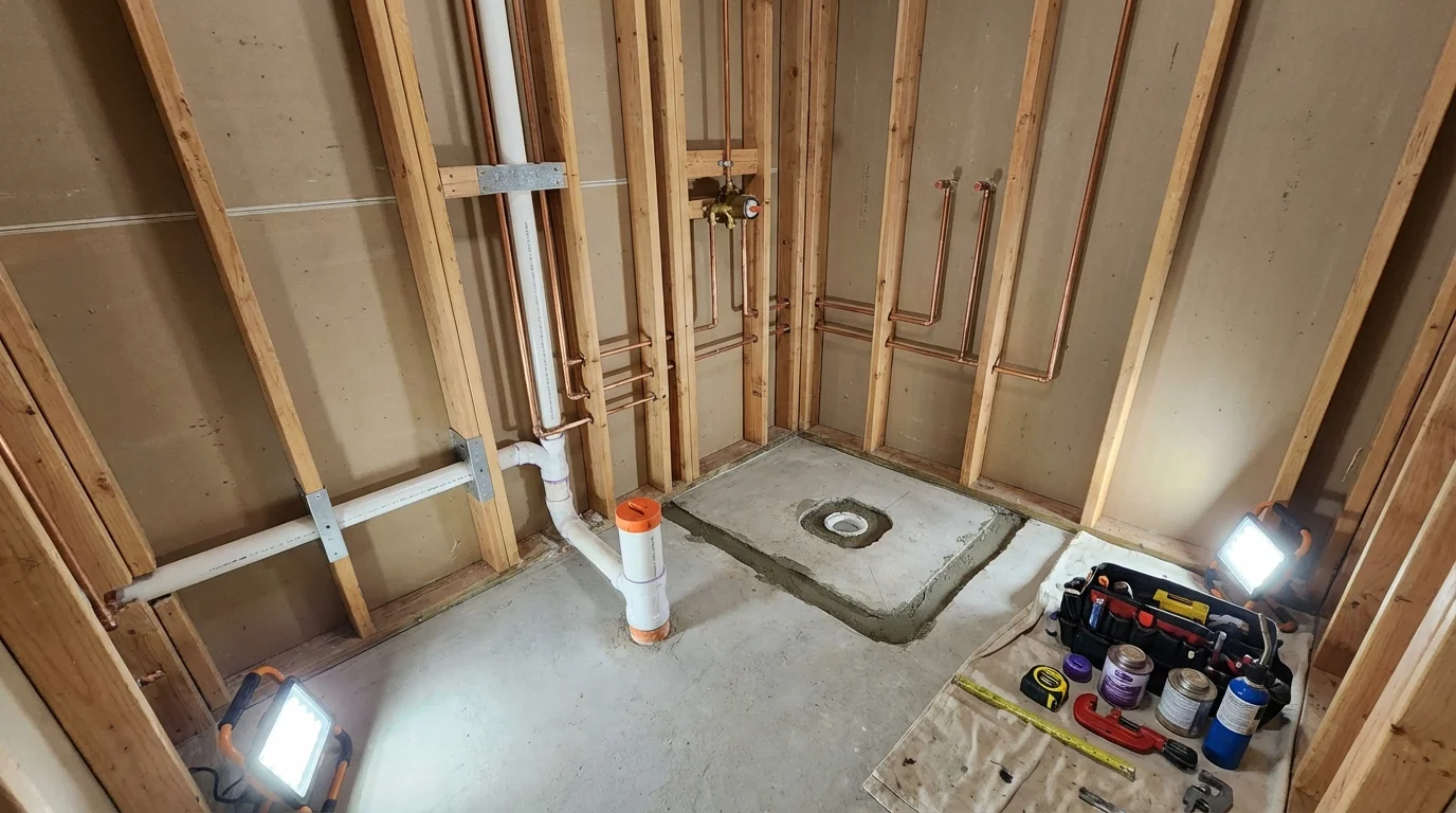 Bathroom rough-in plumbing during remodel by Johns Plumbing LLC in Banner Elk
