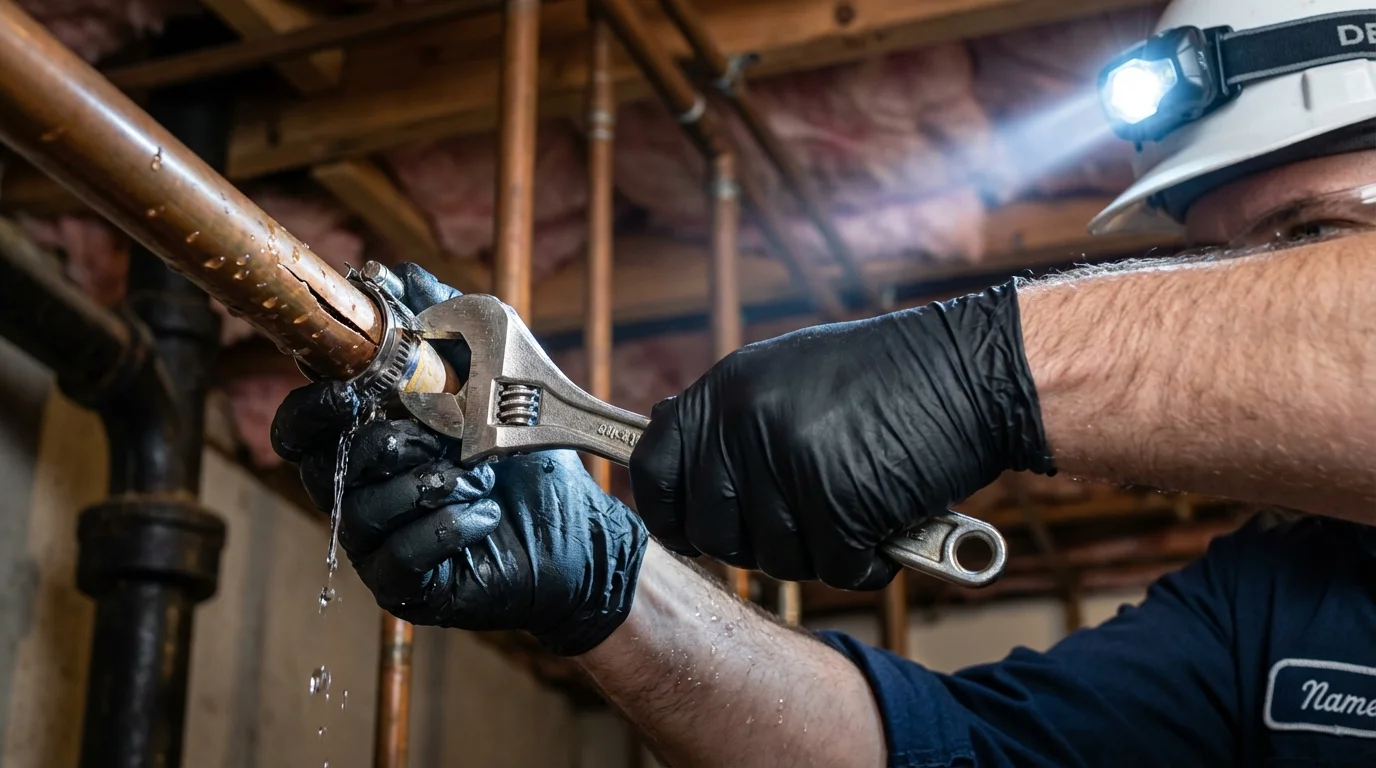 Emergency pipe clamp repair being performed by a Johns Plumbing LLC plumber in Banner Elk