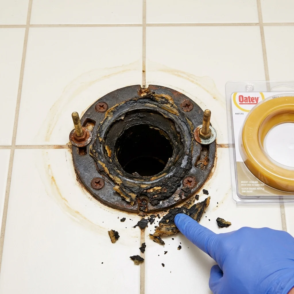 Failed wax ring showing water seepage at the base of a toilet in a Banner Elk, NC home
