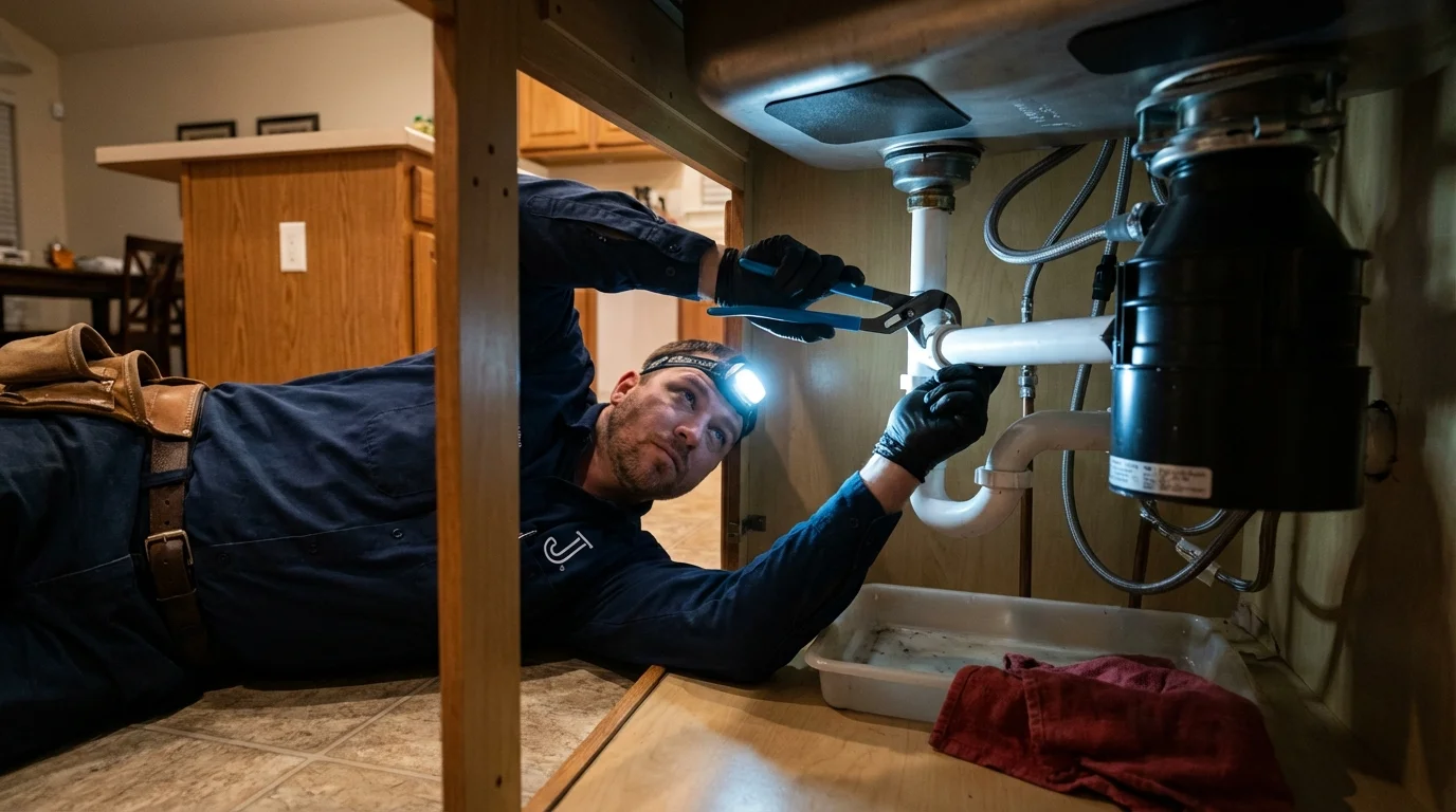 P-trap and supply line connections under a kitchen sink showing a common leak point in Banner Elk, NC
